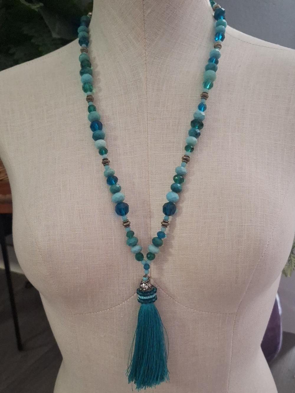 Teal Beaded Tassel Necklace